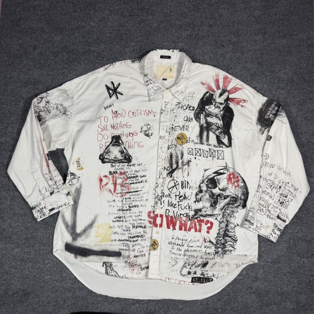 R13 Sketch Print Drop-Shoulder Shirt Doodles White Men M Punk Japanese Fabric